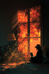 Person working remotely in cozy room with large window showcasing vibrant fall leaves, using laptop and surrounded by plants