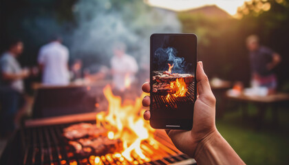 Millennials man's hand holding a cell phone taking photos of a barbecue grill.