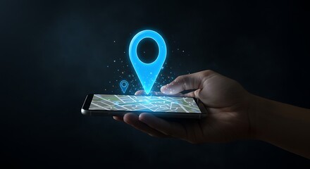 Hand holding smartphone with glowing blue location pin and map representing navigation and digital services