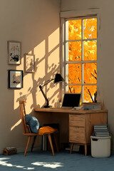 Cozy home office with wooden desk and chair by window showcasing vibrant autumn leaves