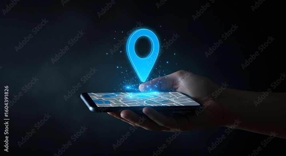 Poster hand holding smartphone with glowing blue location pin and map representing navigation and digital s