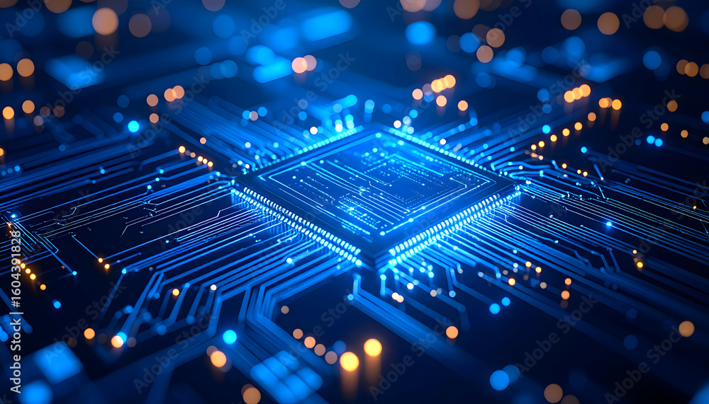 Aufkleber advanced microchip technology on blue circuit board for modern computing