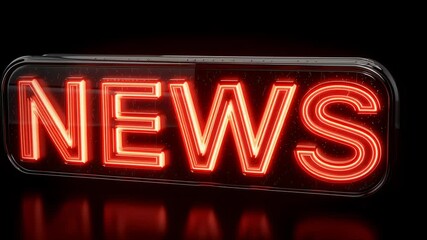 Bright red neon sign with the word news glowing on a black background, concept of media information and television reportage footage.