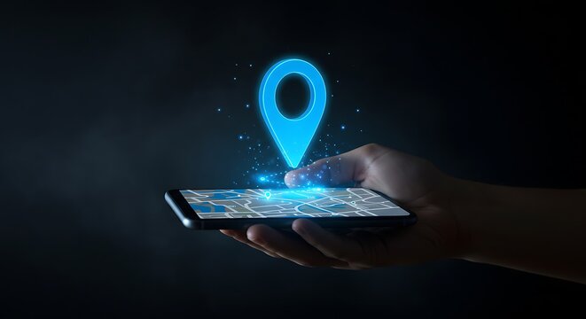 Hand holding smartphone with glowing blue location pin and map representing navigation and digital services