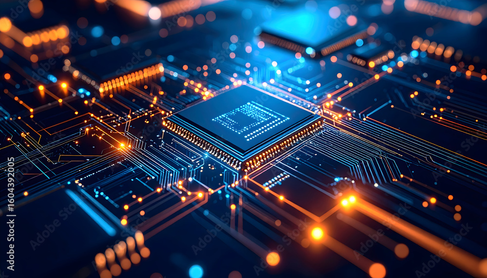 Poster computer circuit board with microprocessor high tech technology background