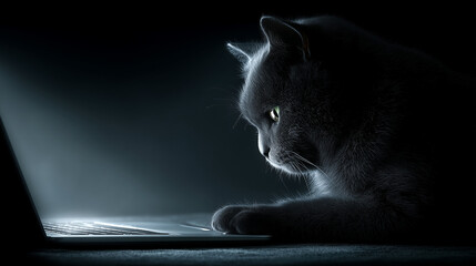 Grey cat curiously looking at laptop screen in dim light  