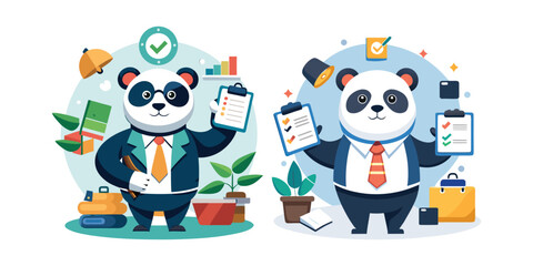 Corporate panda delegating tasks confidently, business teamwork concept, office management vector, professional panda character, workplace leadership, productivity, modern corporate illustration.