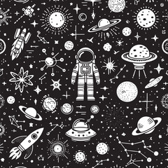 Colorful vector cartoon doodle drawing of UFOs in space, a seamless pattern design