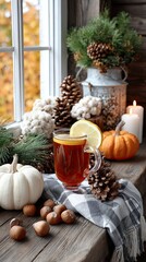 Fototapeta premium Enjoying hot tea with lemon on a rustic wooden table surrounded by vibrant autumn foliage in a peaceful outdoor setting