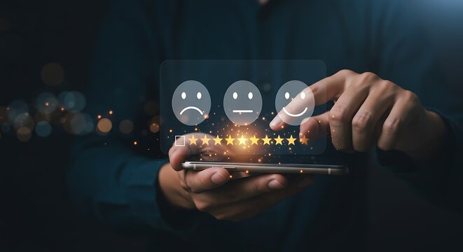 Customer satisfaction rating with stars and emojis on a smartphone screen indicating a positive experience