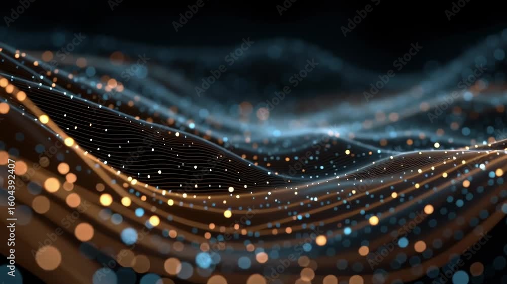 Poster abstract wave of data points and lines flowing across a dark background. concept of digital informat