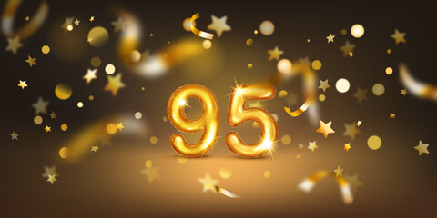 Golden balloon in the shape of the number 95, set against a dark background filled with soft bokeh lights and scattered golden stars and ribbons, creating a festive and celebratory atmosphere.