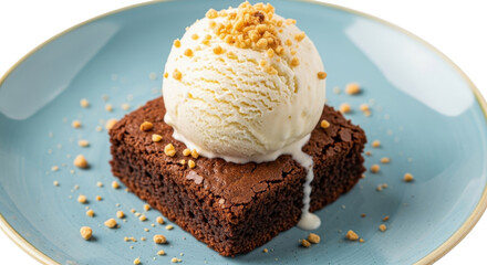 Chocolate brownie topped with vanilla ice cream and peanut sprinkles on a blue plate isolated PNG with Transparent Background