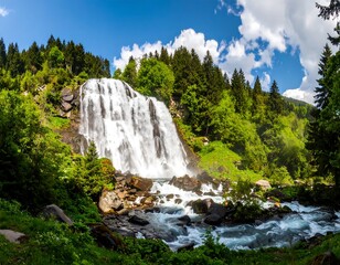 Obraz premium Mountain waterfall cascading into a stream
