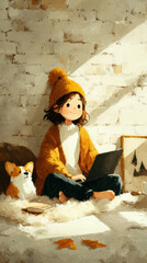 Cozy scene of girl in warm sweater and hat sitting with laptop and dog in sunlit room