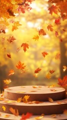 Autumn Leaves Falling in a Golden Forest Background with Stairs