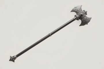 Studio-shot medieval double axe, grey background, fantasy game asset