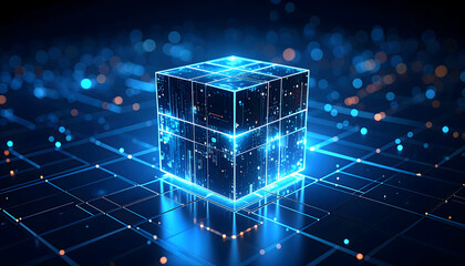 Abstract glowing cube floating on a digital network technology background