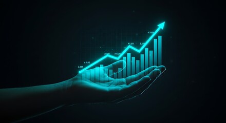 Hand holding a glowing blue digital graph illustrating upward financial growth and data analysis
