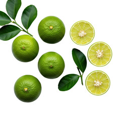 Fresh limes and lime slices isolated PNG with Transparent Background