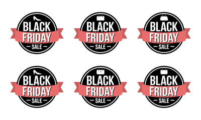 Obraz premium A black friday sale badges featuring shoe, shopping bag icons in circular designs, promotional material for seasonal shopping event.