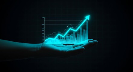 Hand holding a glowing blue digital graph illustrating upward financial growth and data analysis