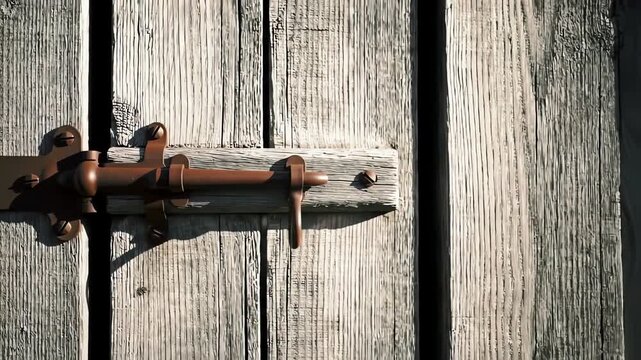 Rustic weathered wooden door with a rusty metal latch, showcasing aged texture and warm sunlight