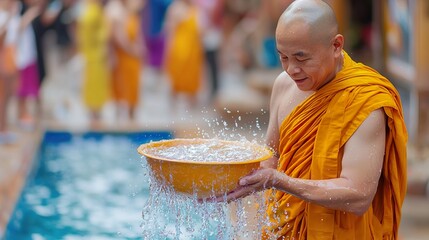 A monk sprinkling holy water on worshippers during Songkran, peaceful and sacred moment
