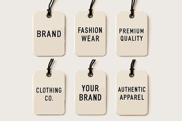 A clothing brand tags with stylish designs, premium quality, authentic apparel, fashion wear, and marketing for your brand promotion and company with hanging strings