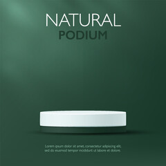 3D Natural product banner. Green background white cylinder podium and leaf natural light scene. Minimal modern mockup stand, eco friendly display, cosmetic stage, beauty showcase sale. vector
