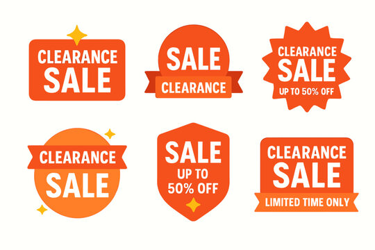A eye-catching clearance sale badges featuring special offers, promotional graphics with discount, savings and limited time only message on orange tag shapes, ready for retail