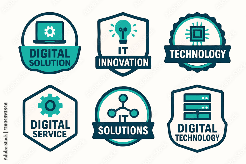 Poster a six tech labels with digital services and technological innovation graphics representing it soluti