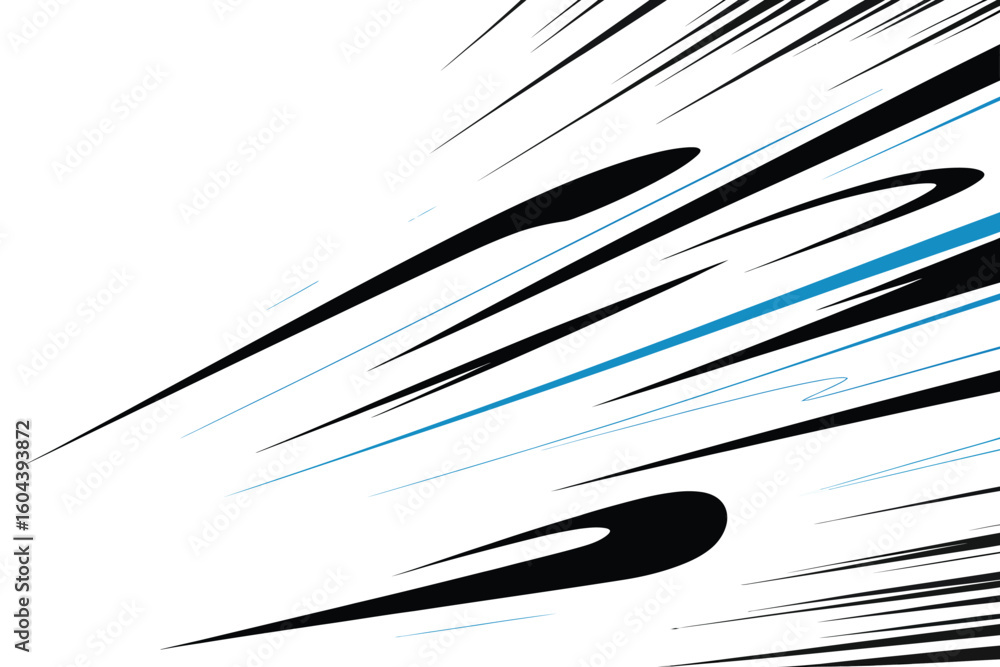 Poster abstract background featuring dynamic black and blue lines on a clean white surface creating movemen
