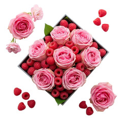 Pink roses with raspberries in a box isolated PNG with Transparent Background