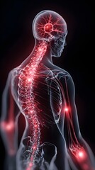 Human body with glowing red pain points on neural pathways illustrating pain or nerve stimulation, set against a dark blue 
