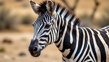 Naklejka premium in the vast expanse of a dry grassland, a zebra stands majestically, its distinctive black and white stripes contrasting sharply with the arid surroundings