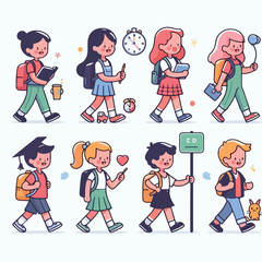 image of students going to school on foot with a simple and minimalist flat design using a white background