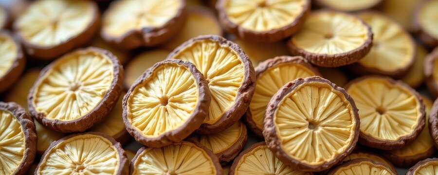 dried ginger slices showing knobby texture used as spice and medicinal ingredient in teas and food