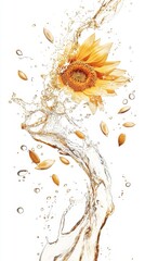 Naklejka premium Bright Sunflower Surrounded by Splashing Water and Petals