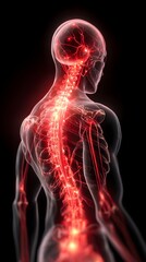 Human body with glowing red pain points on neural pathways illustrating pain or nerve stimulation, set against a dark blue 