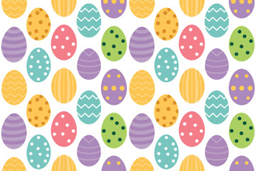 A repeating pattern of easter eggs in various colors and designs on a white background, festive and cheerful