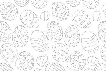 A seamless pattern of easter eggs with various designs like circles stripes and wavy lines in black and white