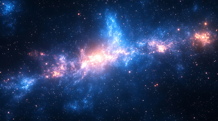 Naklejka premium Galaxy with glowing blue and orange stars scattered across dark space, creating vibrant cosmic scene full of wonder and depth