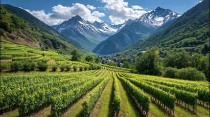 Fototapeta premium Lush vineyard terraces nestled in a mountain valley.