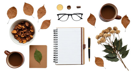 Autumn composition with notebook, coffee and dried leaves isolated PNG with Transparent Background