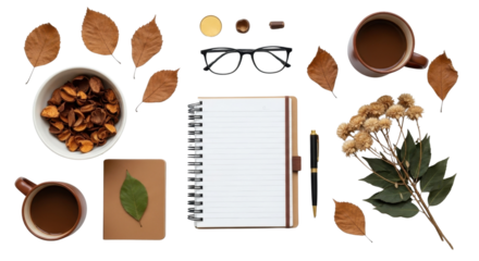 Autumn composition with notebook, coffee and dried leaves isolated PNG with Transparent Background