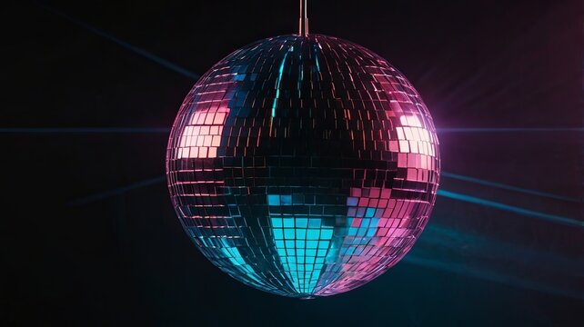 Futuristic disco ball with holographic surface, suspended in black void with neon light beams. Stylized for 80s vibe