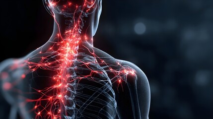 Human body with glowing red pain points on neural pathways illustrating pain or nerve stimulation, set against a dark blue 