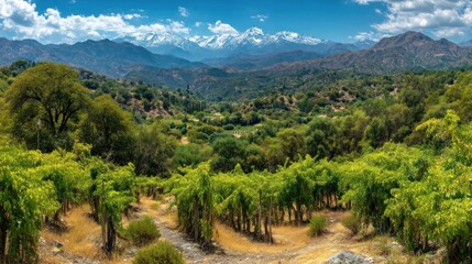 Obraz premium Panoramic view of a vineyard nestled in a valley.