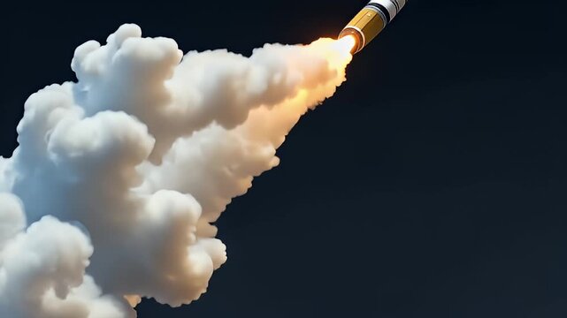 Yellow Rocket Blasting Off Against a Dark Blue Sky Amidst White Clouds and Intense Orange Flames